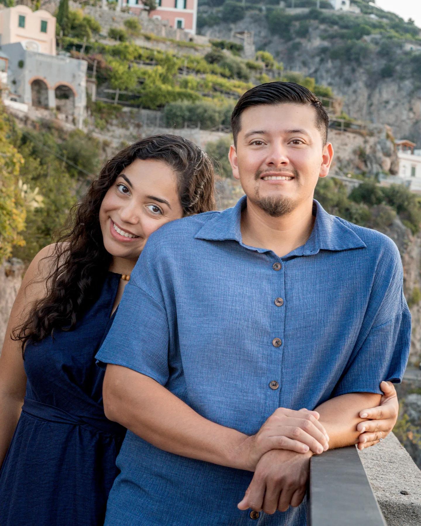 A close portrait of the couple above Atrani