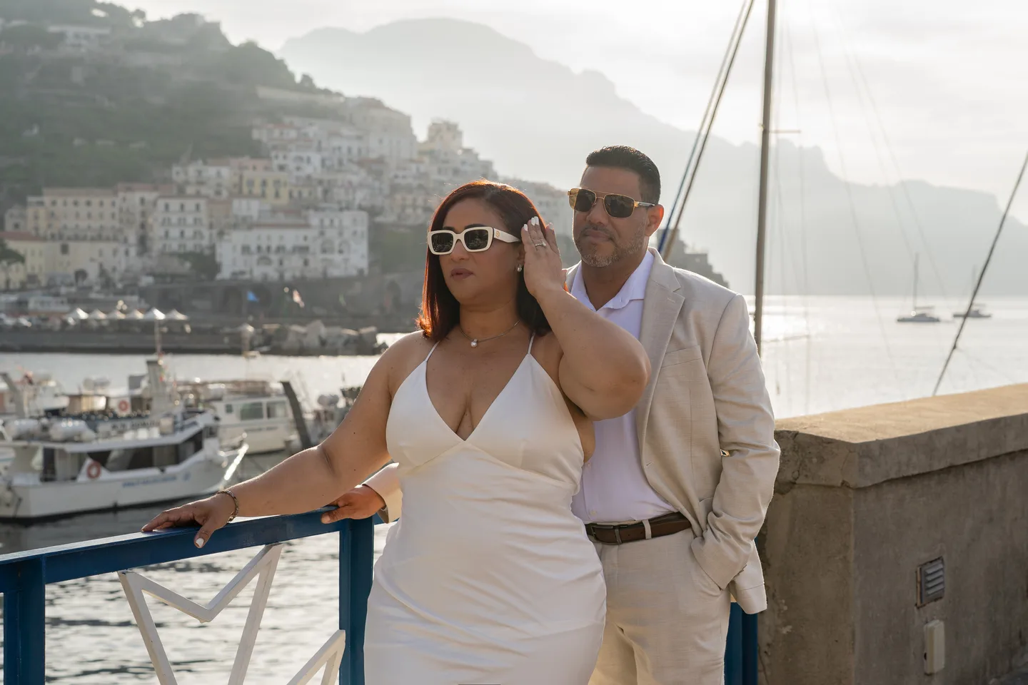 Nilsa and her husband overlooking Amalfi harbour