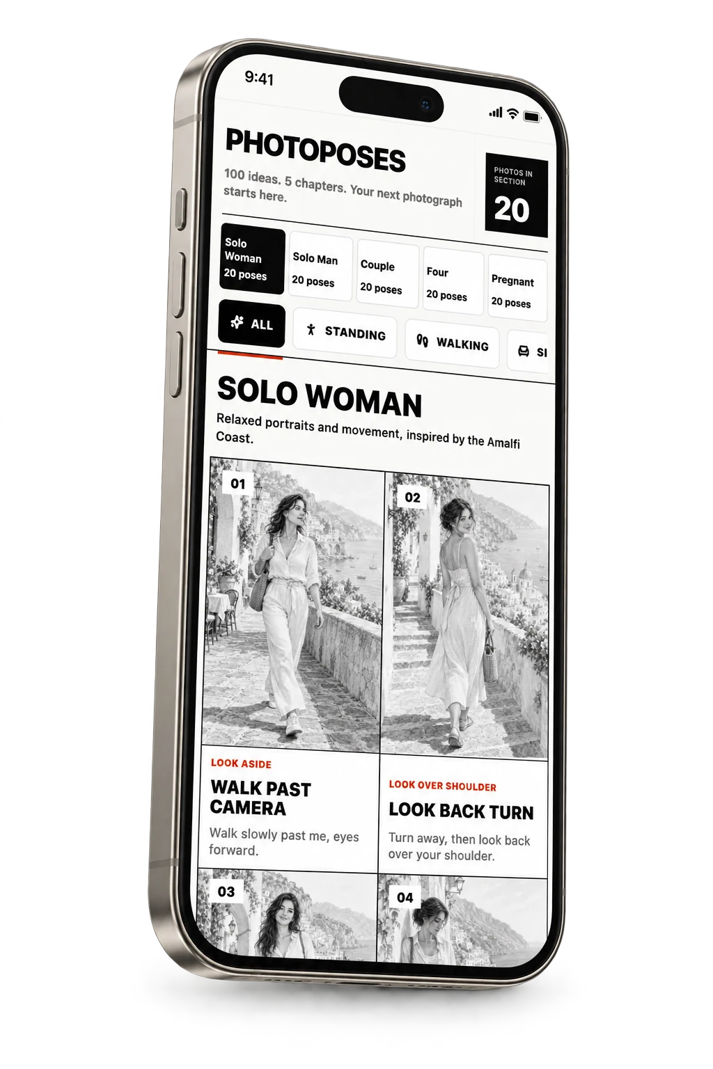 Titanium smartphone displaying PhotoPoses, with portrait posing ideas from the Amalfi Coast